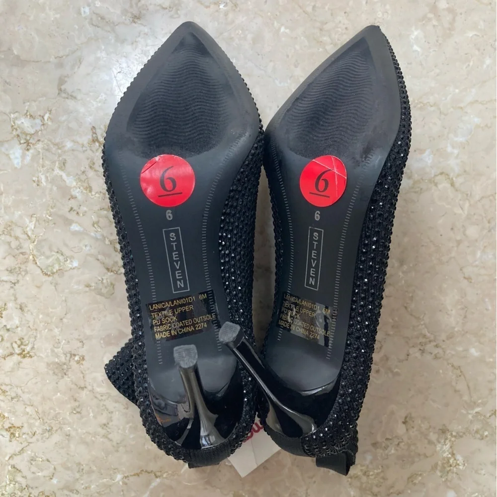 NWT Steven by Steve Madden Black Rhinestone Stiletto Heeled Ankle Boots, Size 6